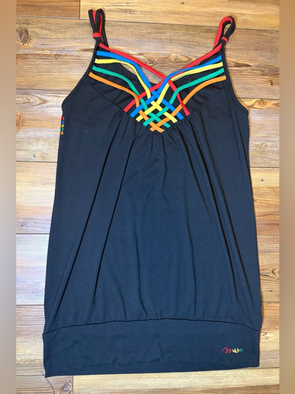 Coogi Tank Top Womens Large Black Multicolor Strappy Y2K Festival Cami Stretch